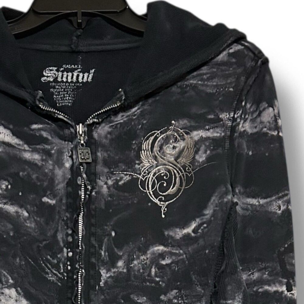 Sinful By Affliction S Grunge Black Jacket Hoodie Rhinestone Skull Wings Y2K - Picture 7 of 15